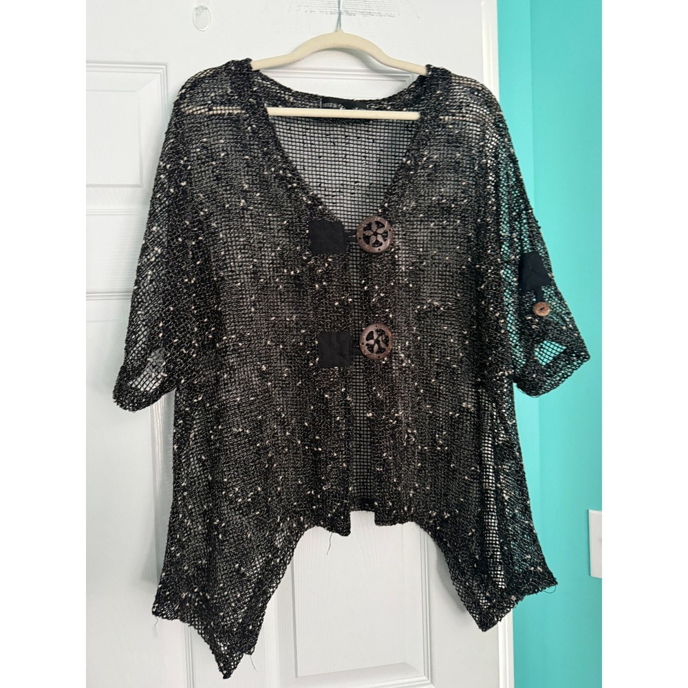 Mirror Image Black White Knit Mesh Cardigan Button Front Handkerchief Hem 1X